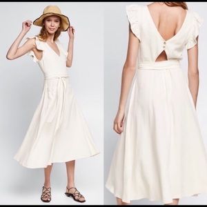 NWT Zara Ruffle Sleeve Cut-Out Back Linen Blend Midi Dress Small